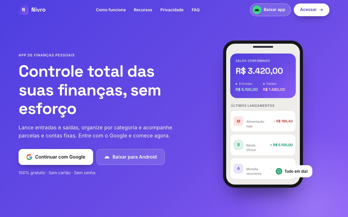 Página inicial do Nivro, app de controle financeiro criado por Rodrigo Zanotta